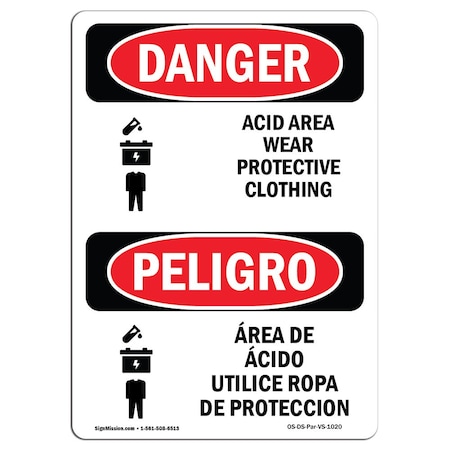 OSHA Danger, Acid Area Wear Protective Clothing Bilingual, 7in X 5in Decal